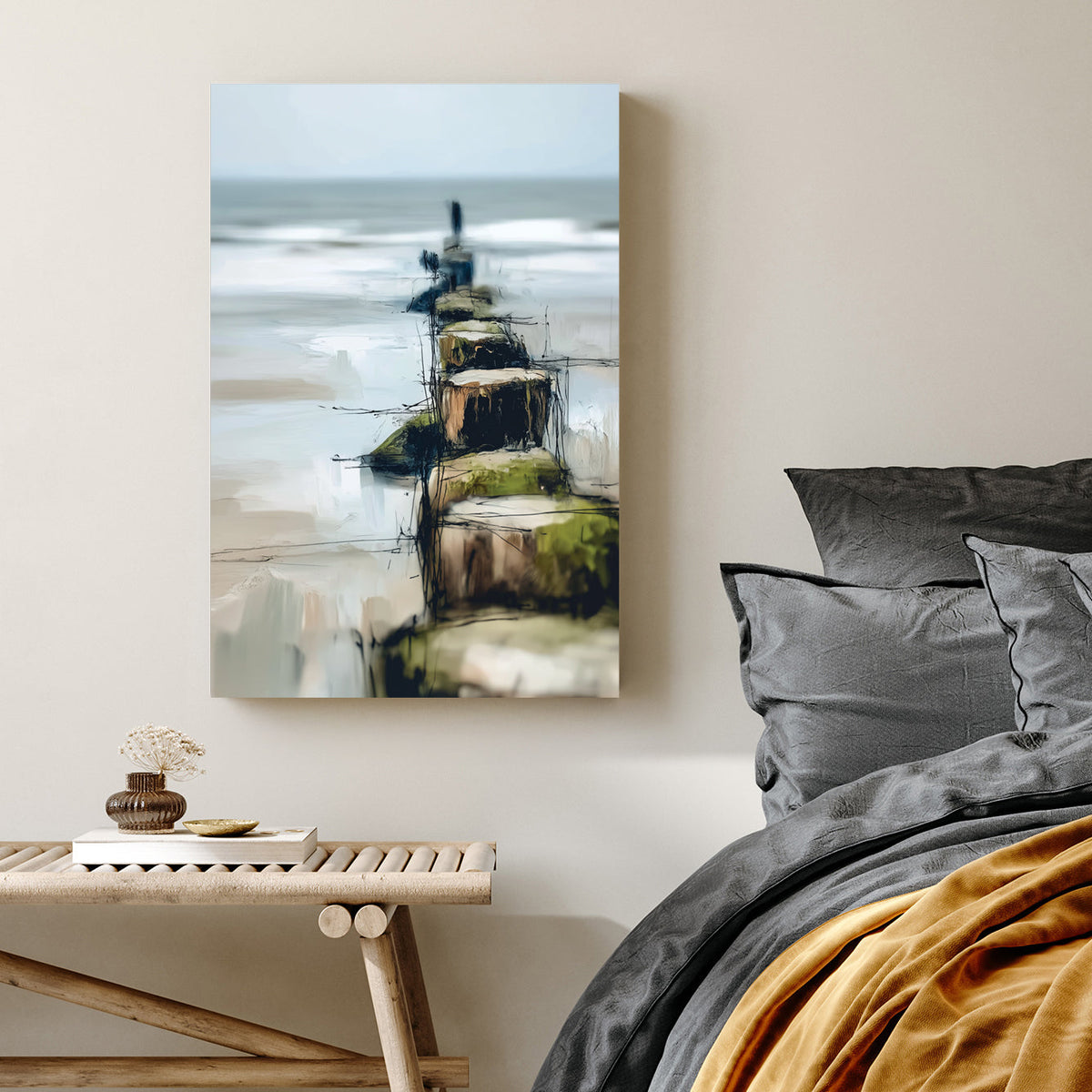 abstract coastal painting with wooden posts leading into the ocean