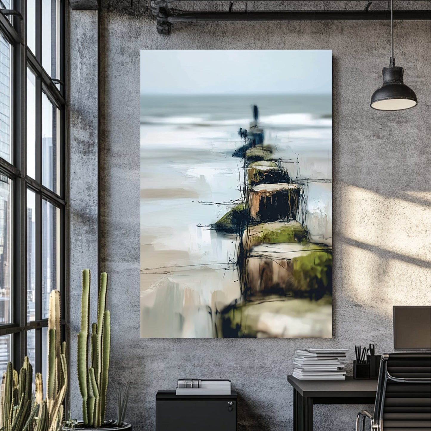 abstract coastal painting with wooden posts leading into the ocean