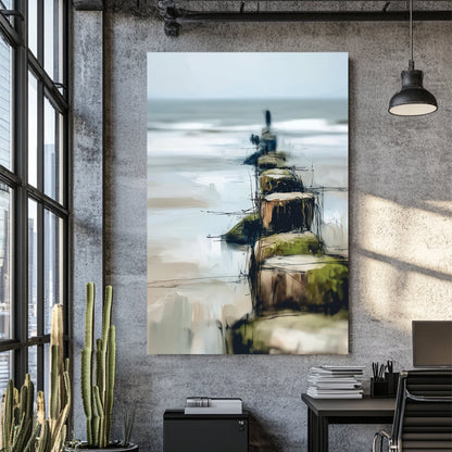 abstract coastal painting with wooden posts leading into the ocean