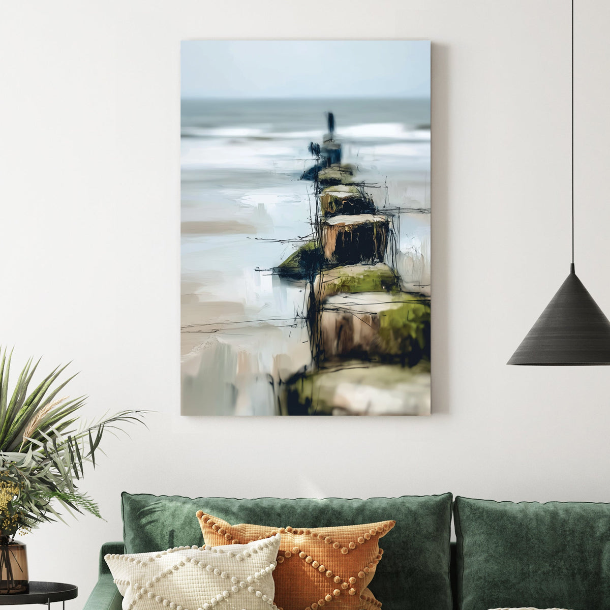 abstract coastal painting with wooden posts leading into the ocean