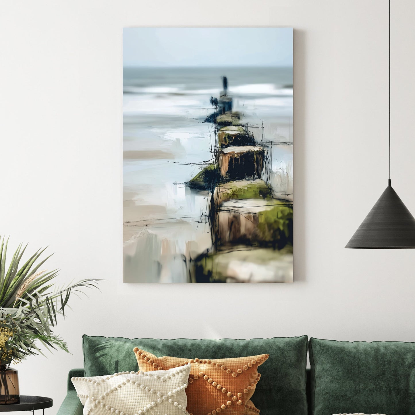 abstract coastal painting with wooden posts leading into the ocean