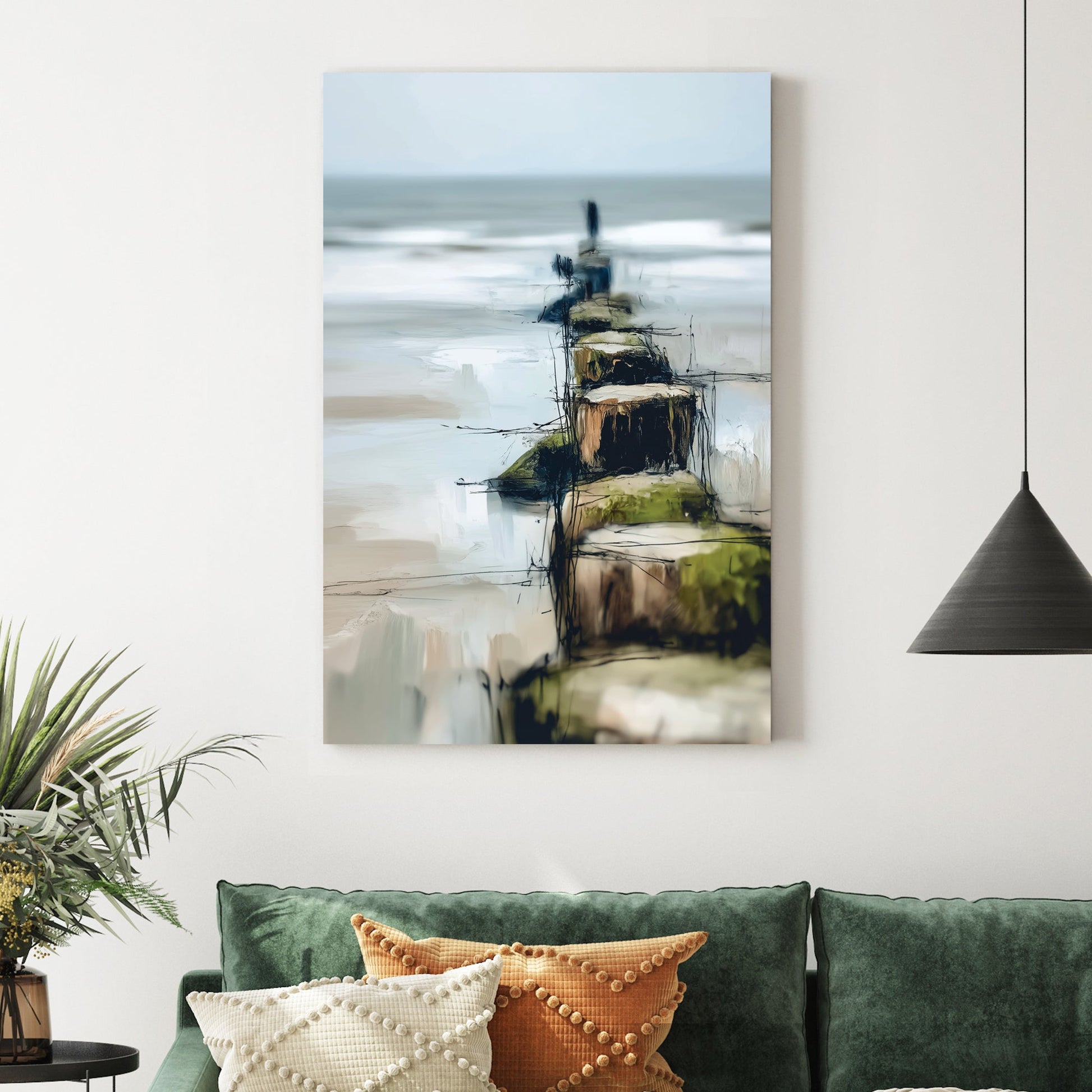 abstract coastal painting with wooden posts leading into the ocean