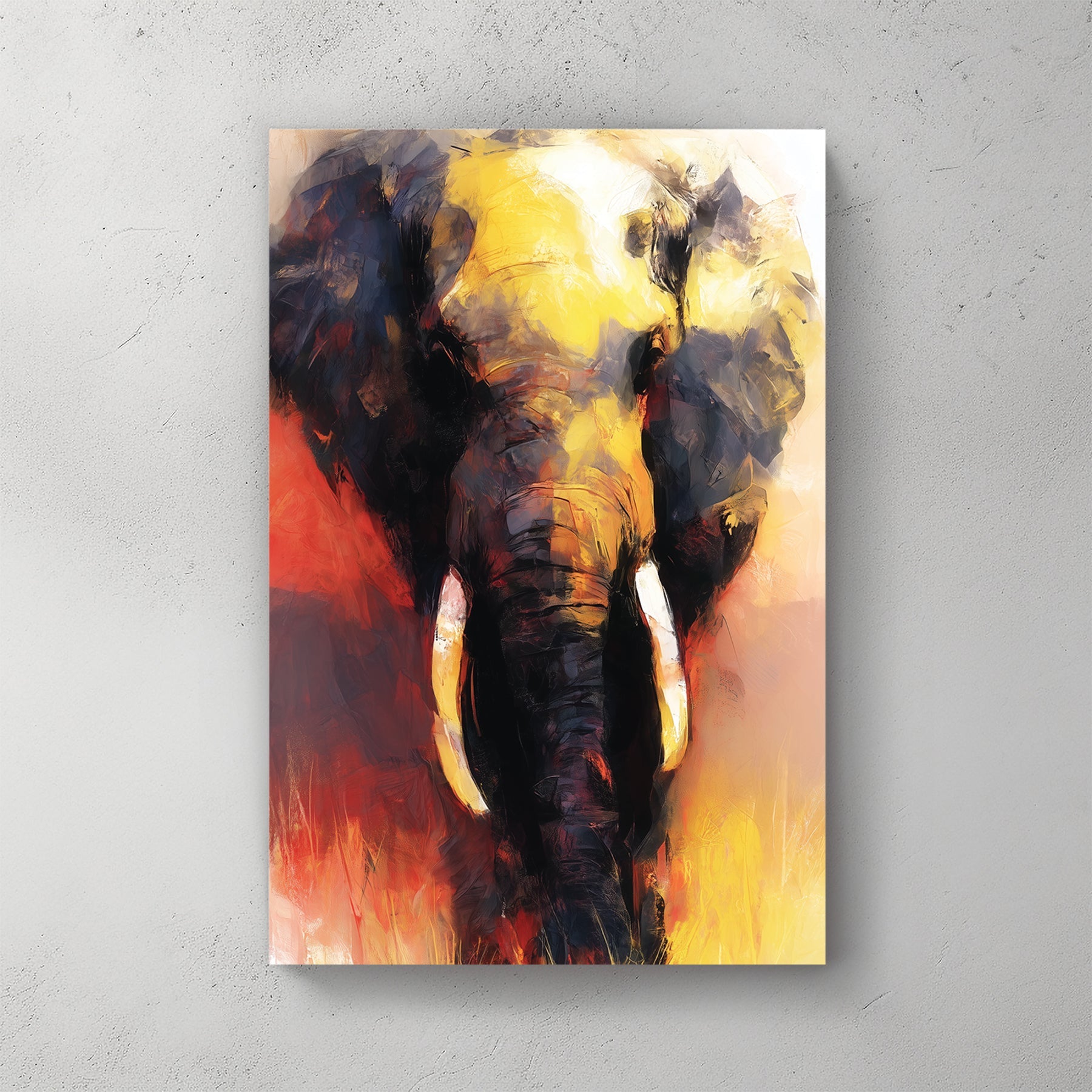 vibrant elephant painting in gold and red tones with expressive brushstrokes