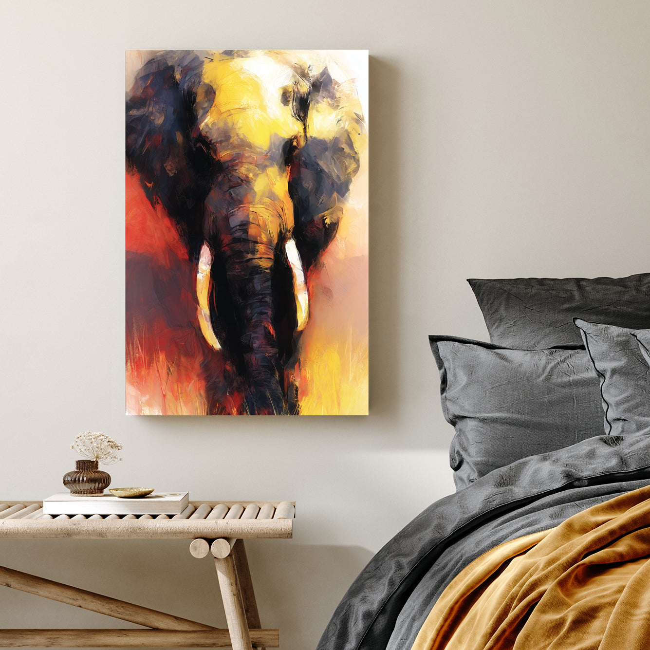vibrant elephant painting in gold and red tones with expressive brushstrokes