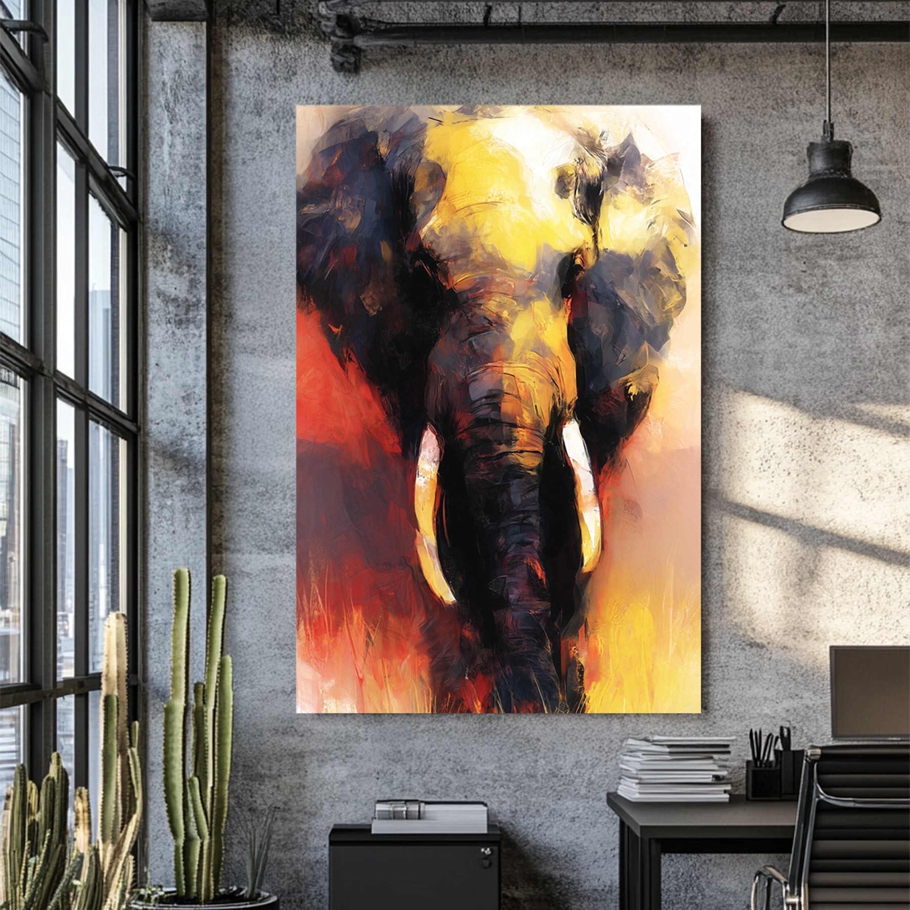 vibrant elephant painting in gold and red tones with expressive brushstrokes