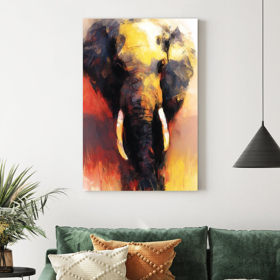 vibrant elephant painting in gold and red tones with expressive brushstrokes