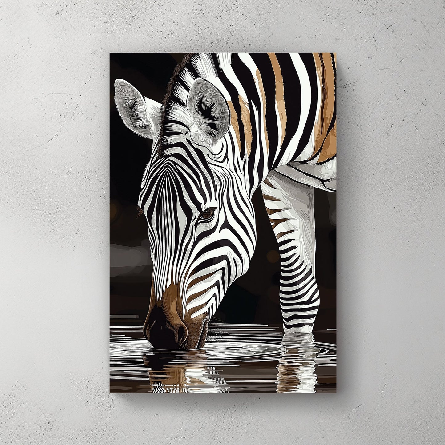 stylized zebra drinking water with black and white stripes reflected in the surface