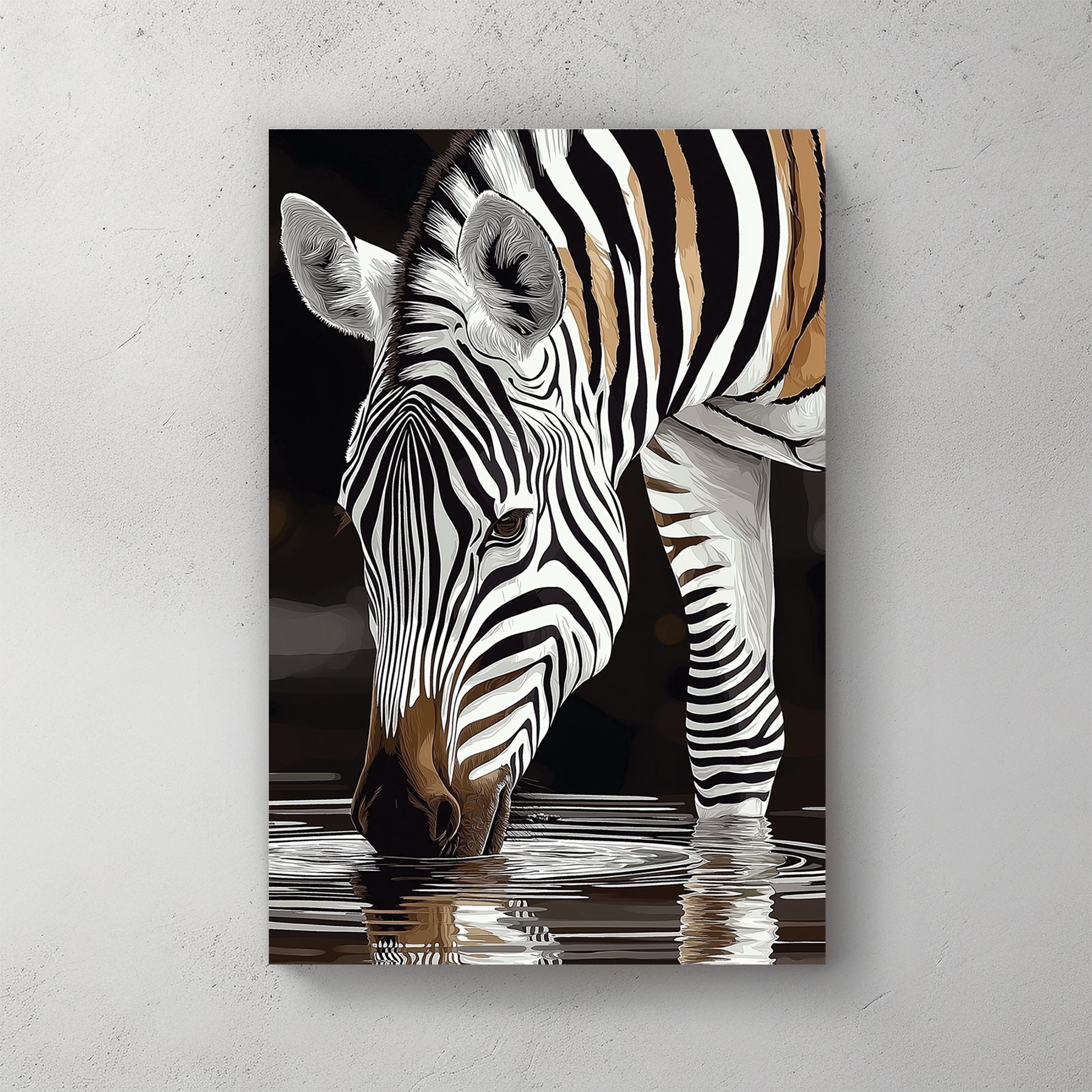 stylized zebra drinking water with black and white stripes reflected in the surface