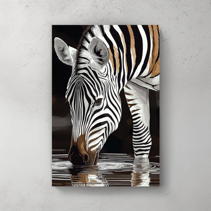 stylized zebra drinking water with black and white stripes reflected in the surface
