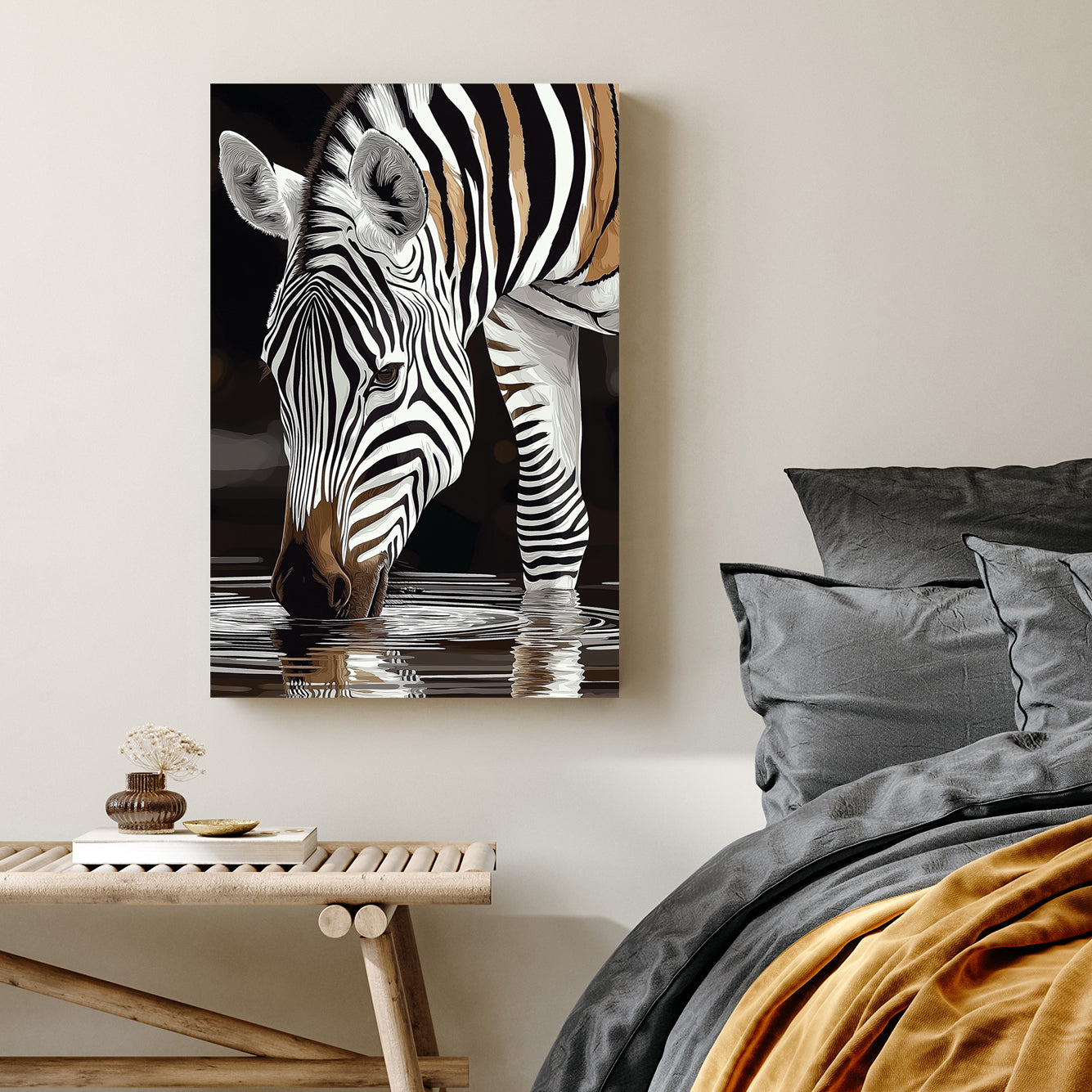 stylized zebra drinking water with black and white stripes reflected in the surface