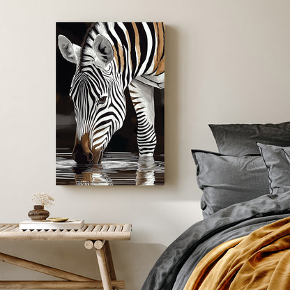 stylized zebra drinking water with black and white stripes reflected in the surface