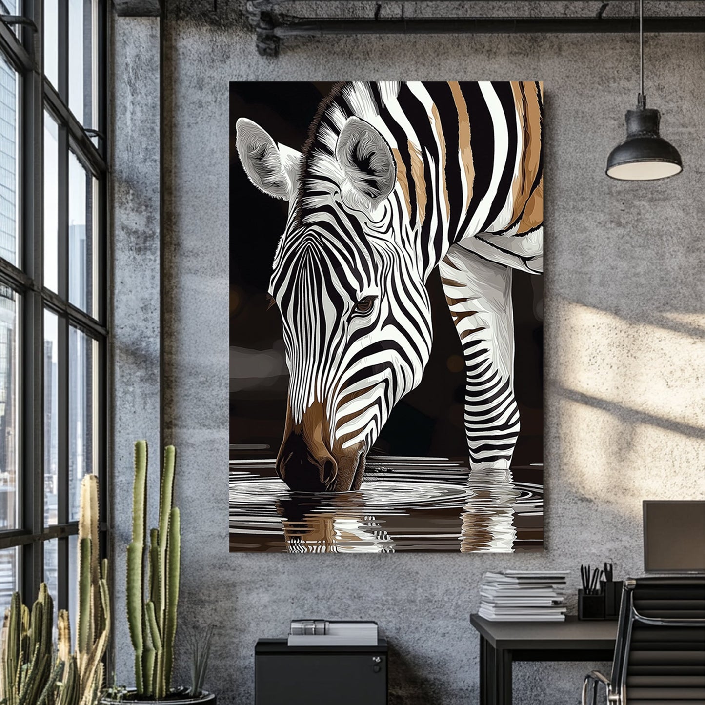 stylized zebra drinking water with black and white stripes reflected in the surface