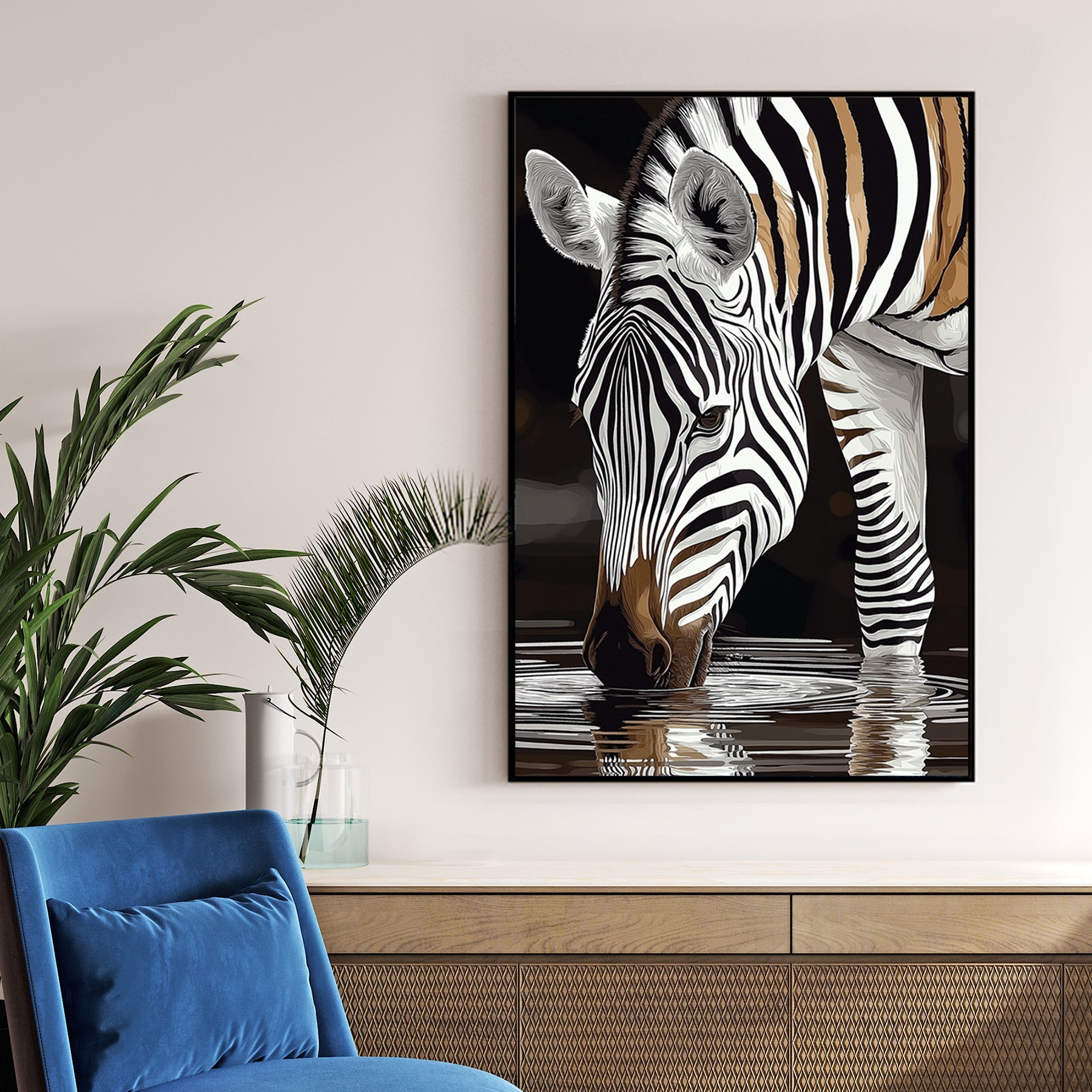 stylized zebra drinking water with black and white stripes reflected in the surface