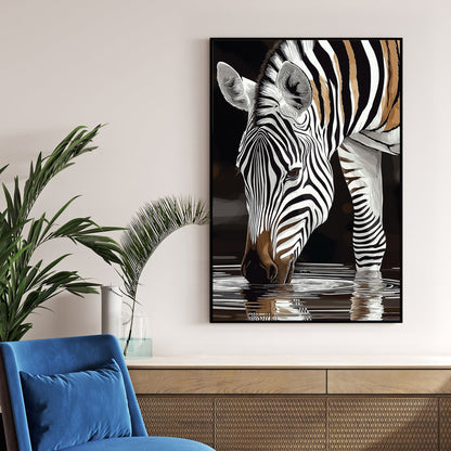 stylized zebra drinking water with black and white stripes reflected in the surface