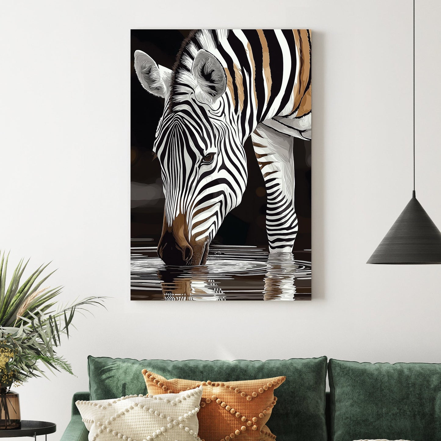 stylized zebra drinking water with black and white stripes reflected in the surface