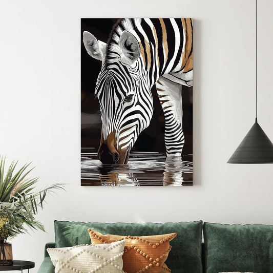 stylized zebra drinking water with black and white stripes reflected in the surface