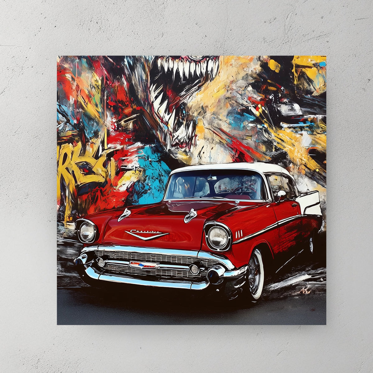 red vintage chevy in front of colourful graffiti mural with roaring creature