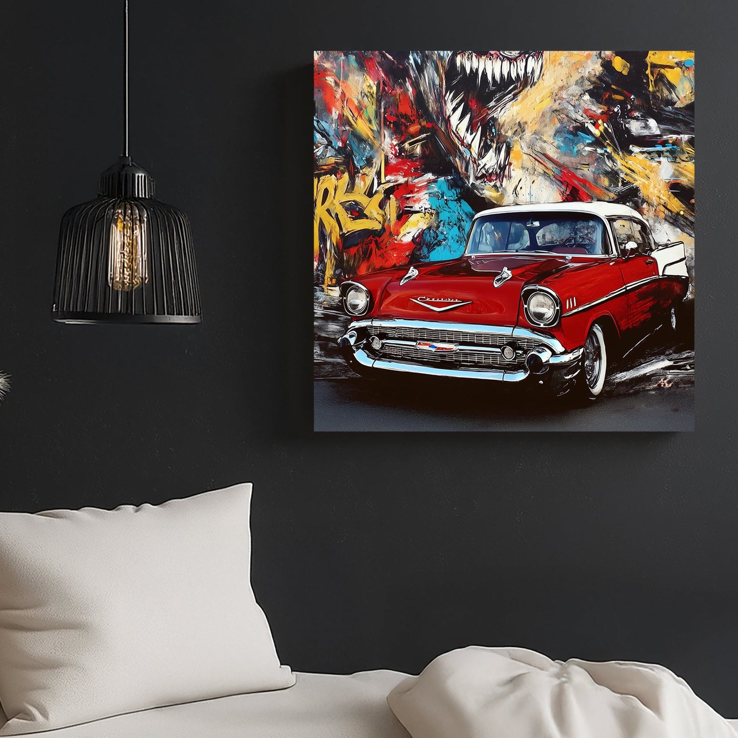 red vintage chevy in front of colourful graffiti mural with roaring creature