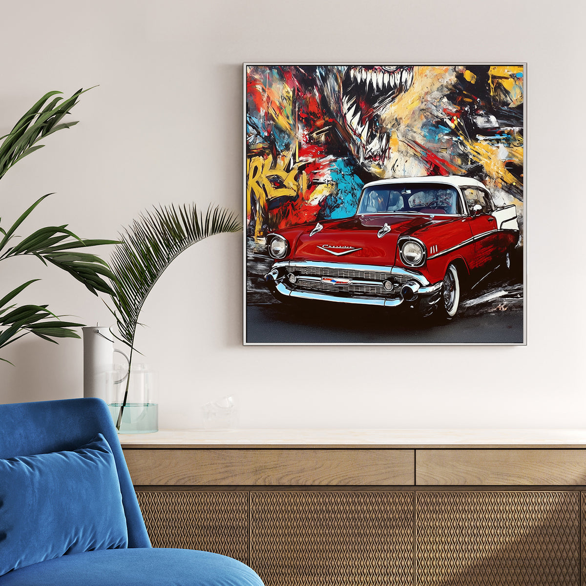 red vintage chevy in front of colourful graffiti mural with roaring creature