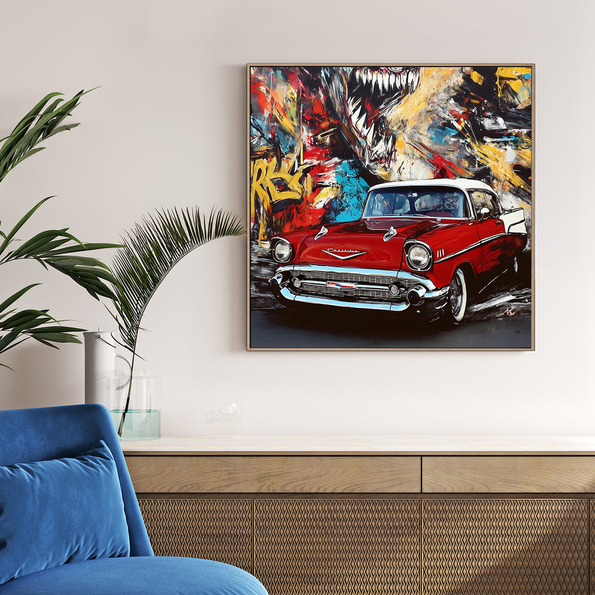 red vintage chevy in front of colourful graffiti mural with roaring creature