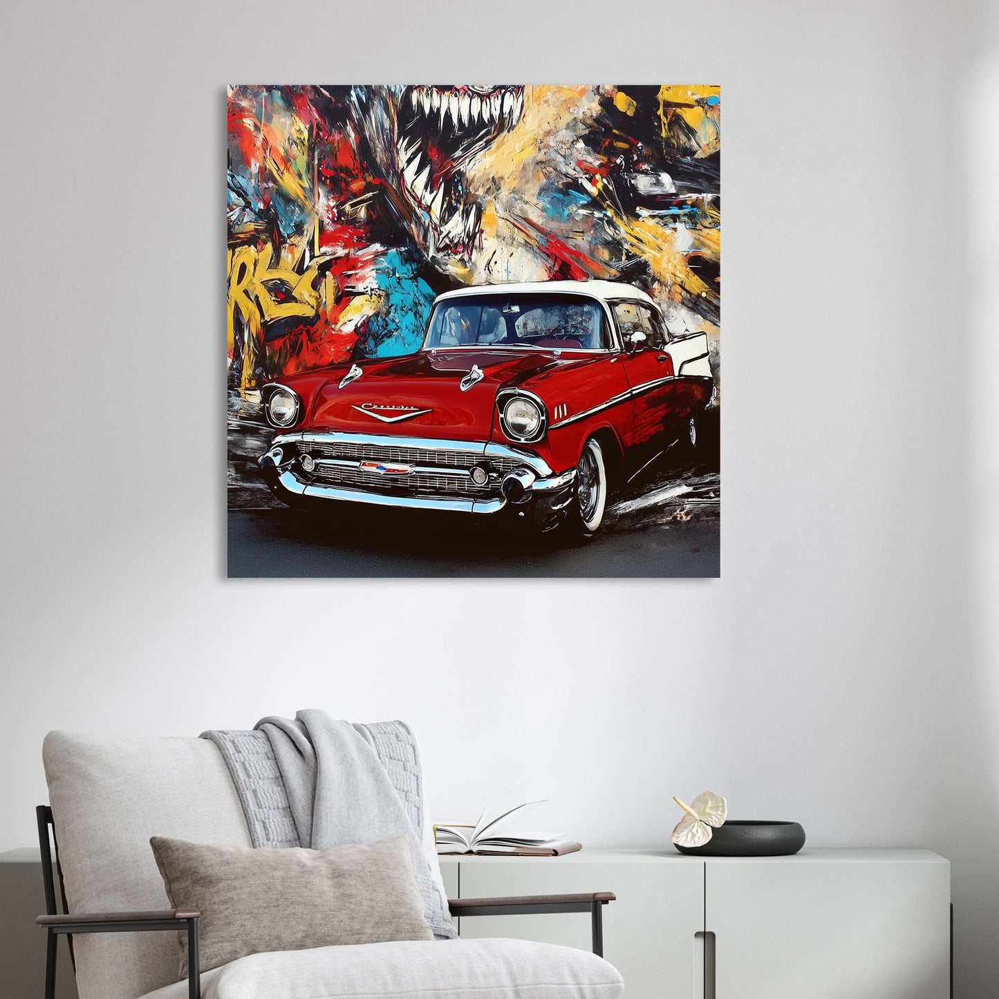 red vintage chevy in front of colourful graffiti mural with roaring creature