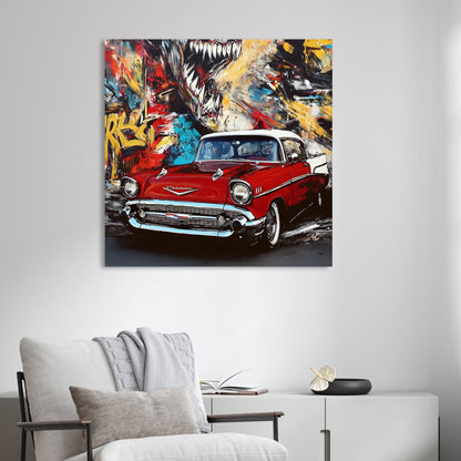 red vintage chevy in front of colourful graffiti mural with roaring creature