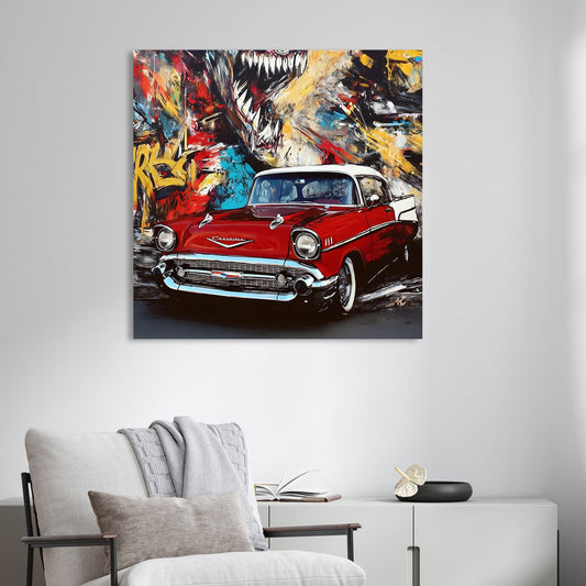 red vintage chevy in front of colourful graffiti mural with roaring creature