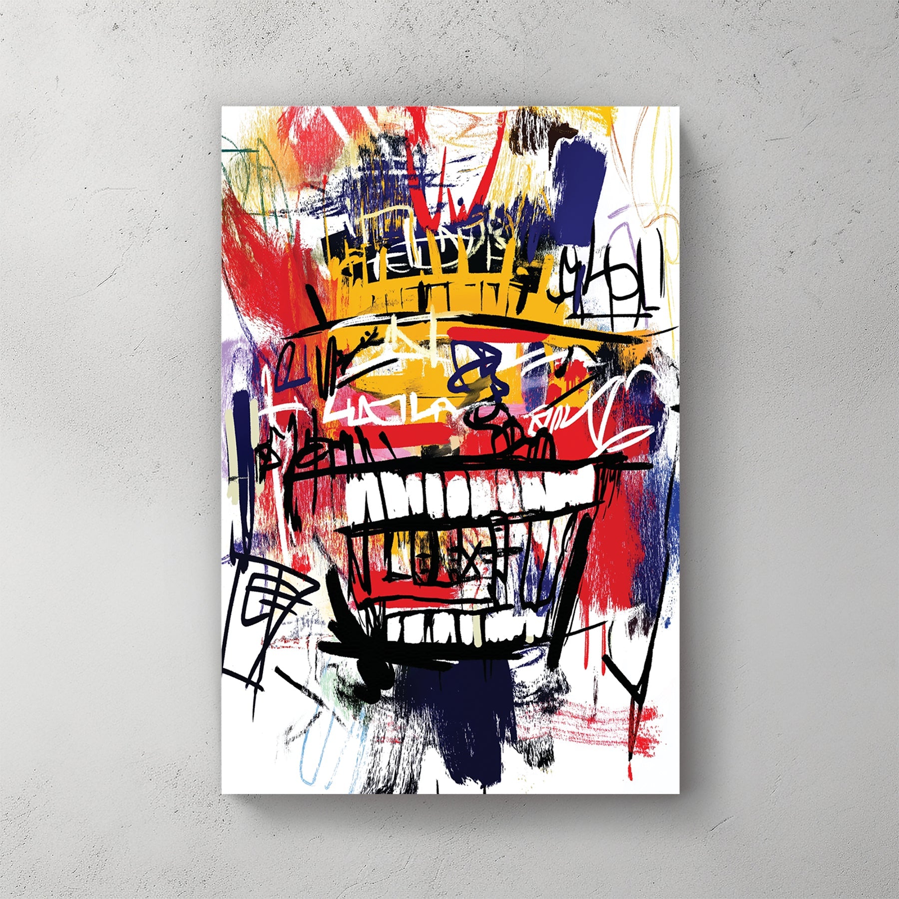 graffiti style abstract face with crown and large grin in basquiat art style