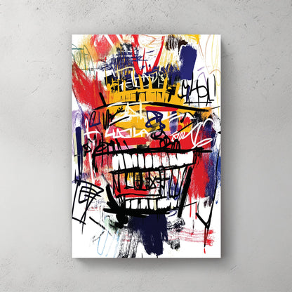 graffiti style abstract face with crown and large grin in basquiat art style