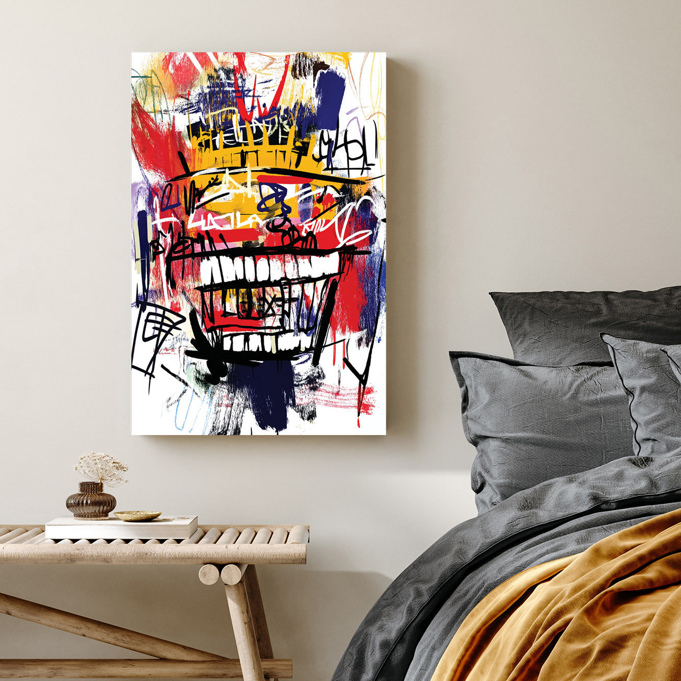 graffiti style abstract face with crown and large grin in basquiat art style