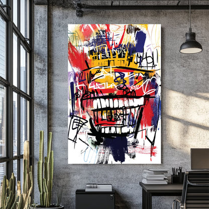 graffiti style abstract face with crown and large grin in basquiat art style