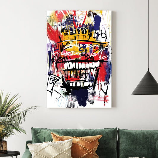 graffiti style abstract face with crown and large grin in basquiat art style