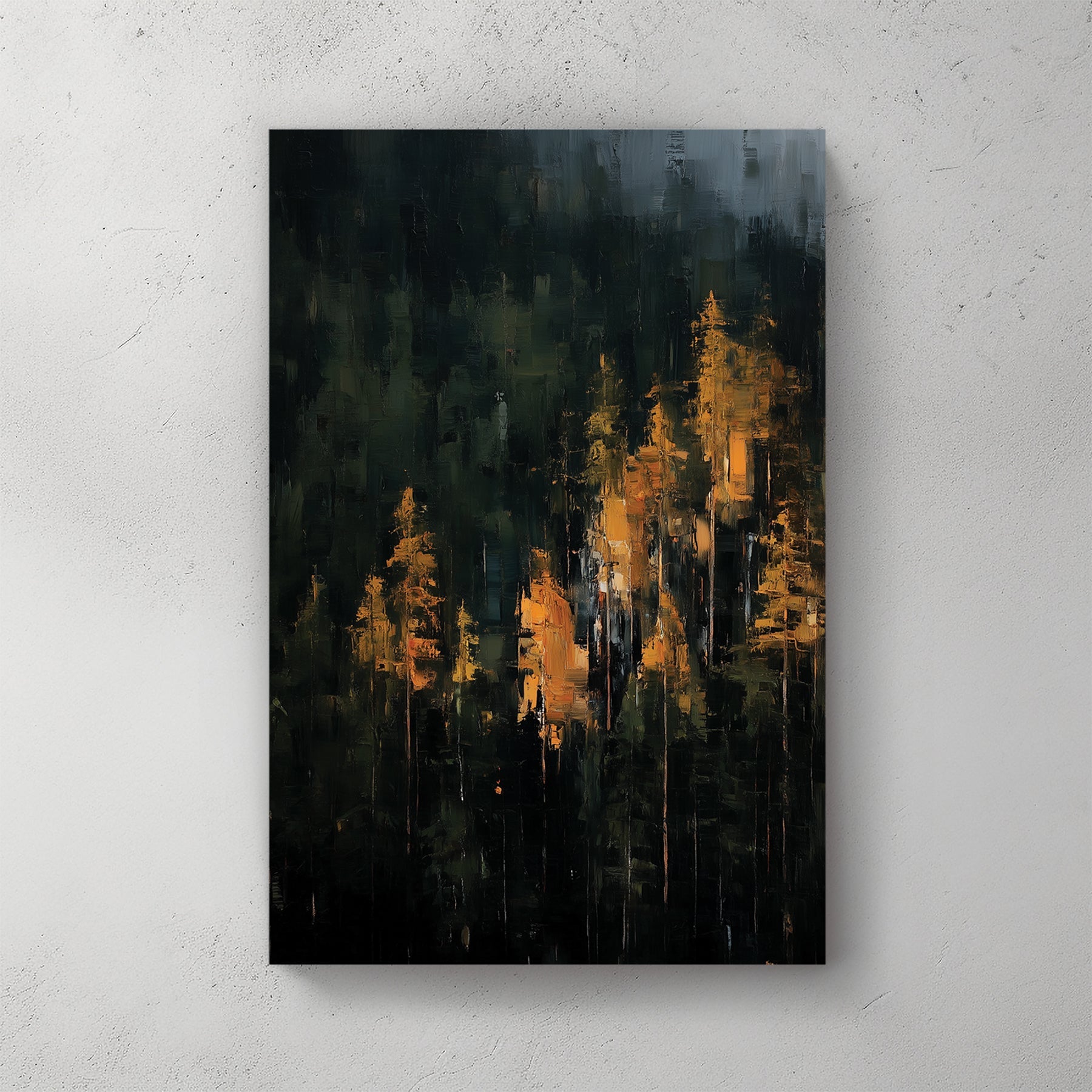 dark abstract forest with golden light filtering through trees in painterly style