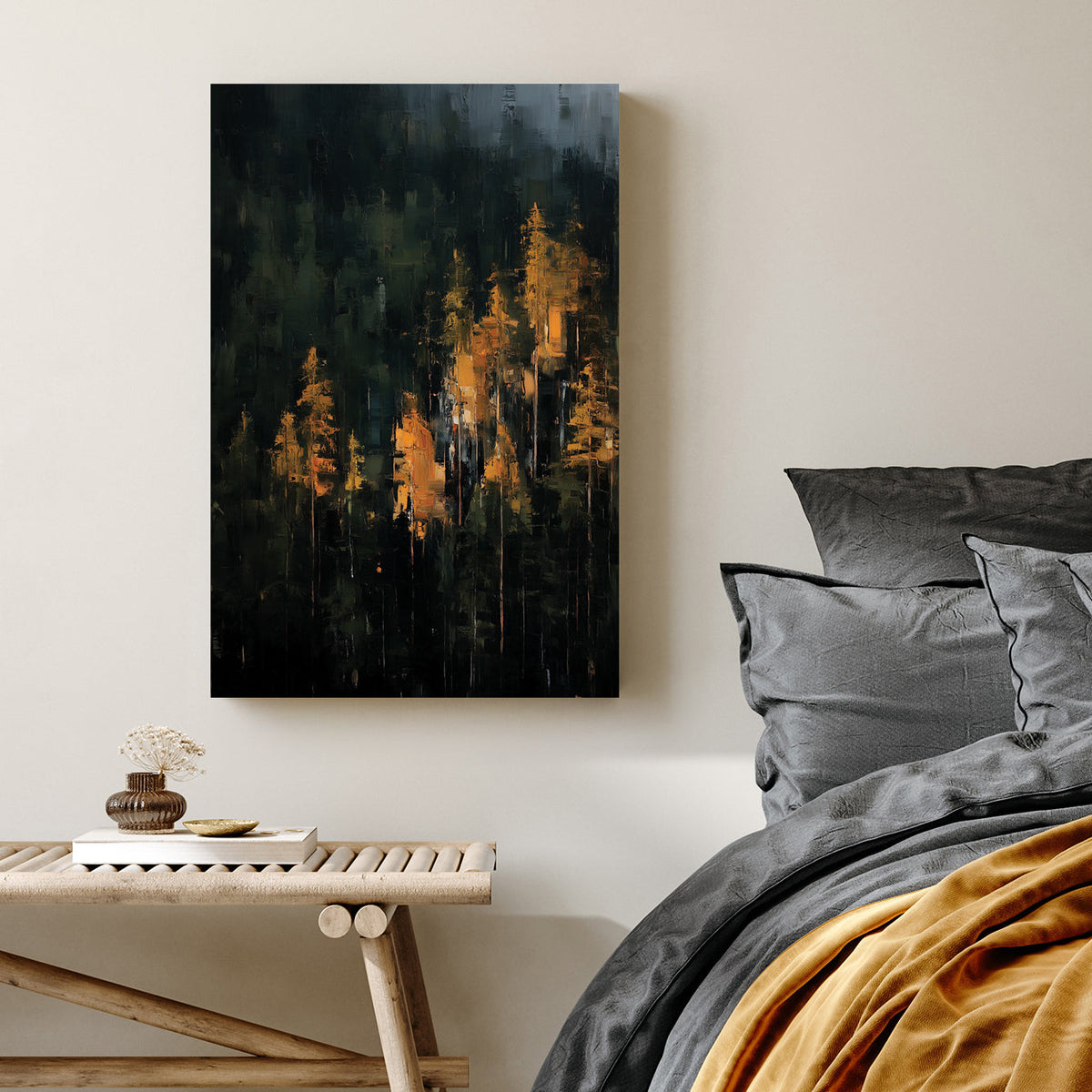dark abstract forest with golden light filtering through trees in painterly style