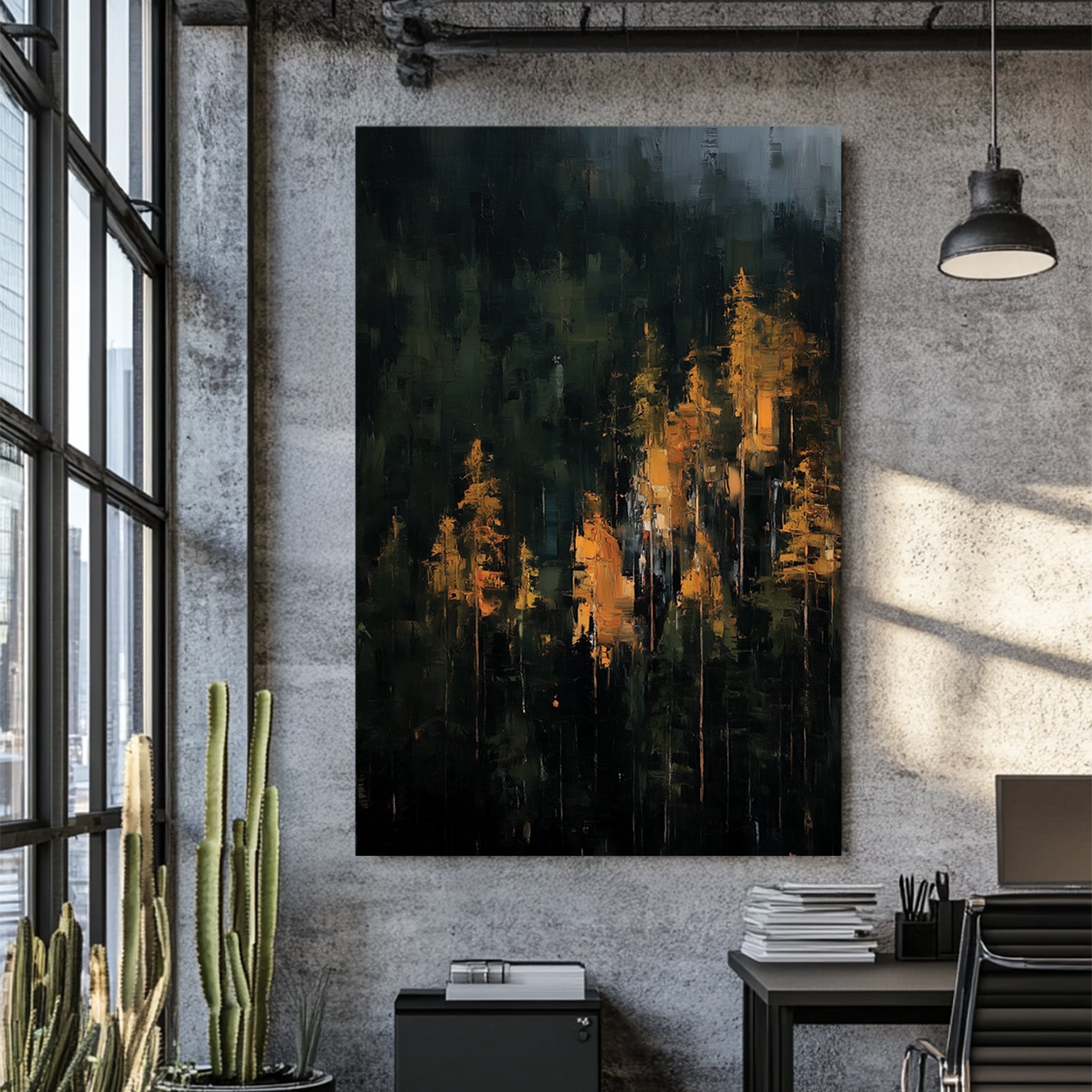 dark abstract forest with golden light filtering through trees in painterly style
