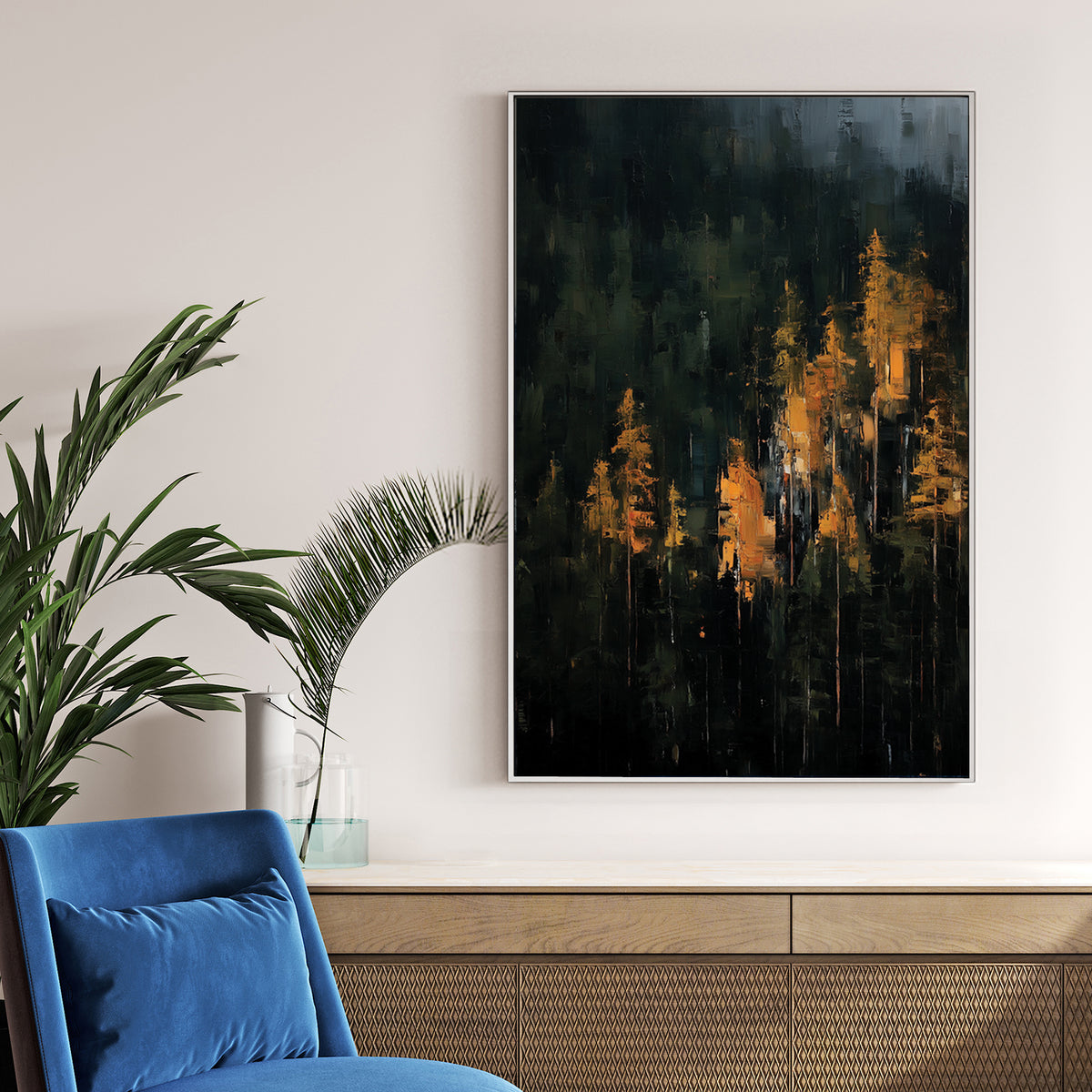 dark abstract forest with golden light filtering through trees in painterly style