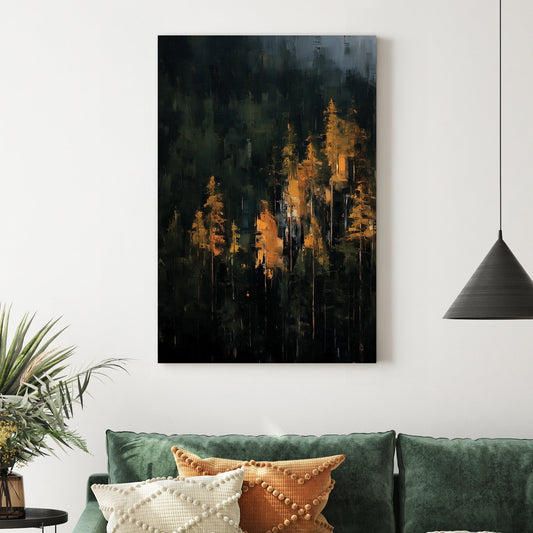 dark abstract forest with golden light filtering through trees in painterly style