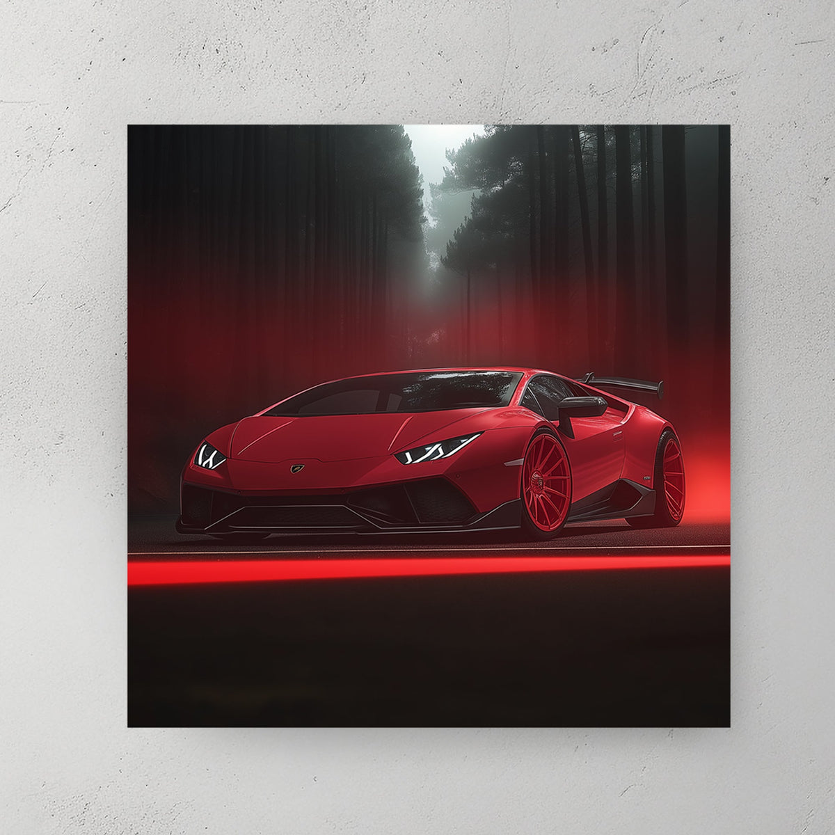 red Lamborghini Huracán in dark misty forest with glowing red light and fog