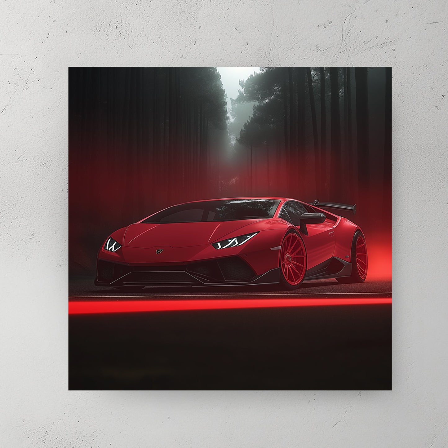red Lamborghini Huracán in dark misty forest with glowing red light and fog