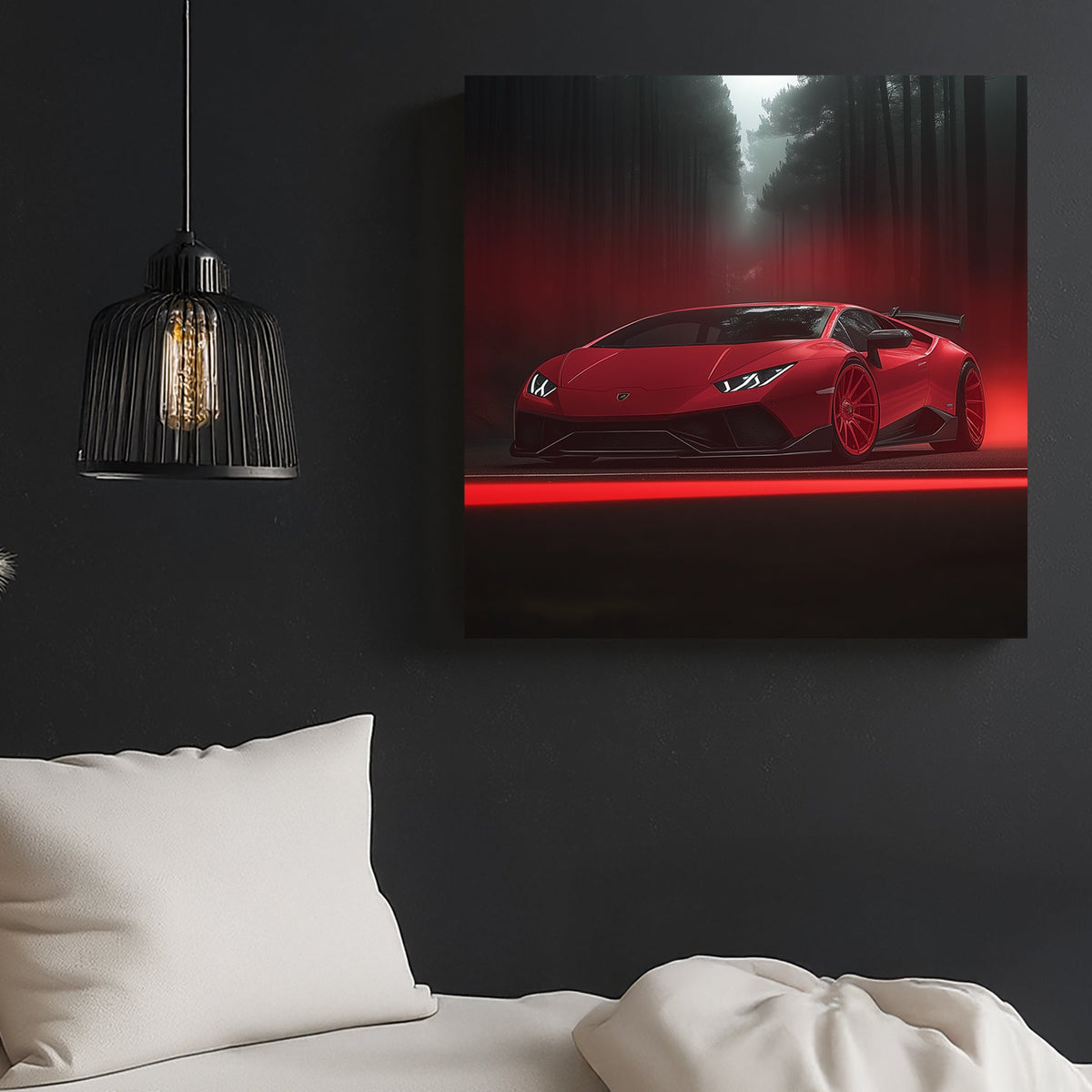 red Lamborghini Huracán in dark misty forest with glowing red light and fog