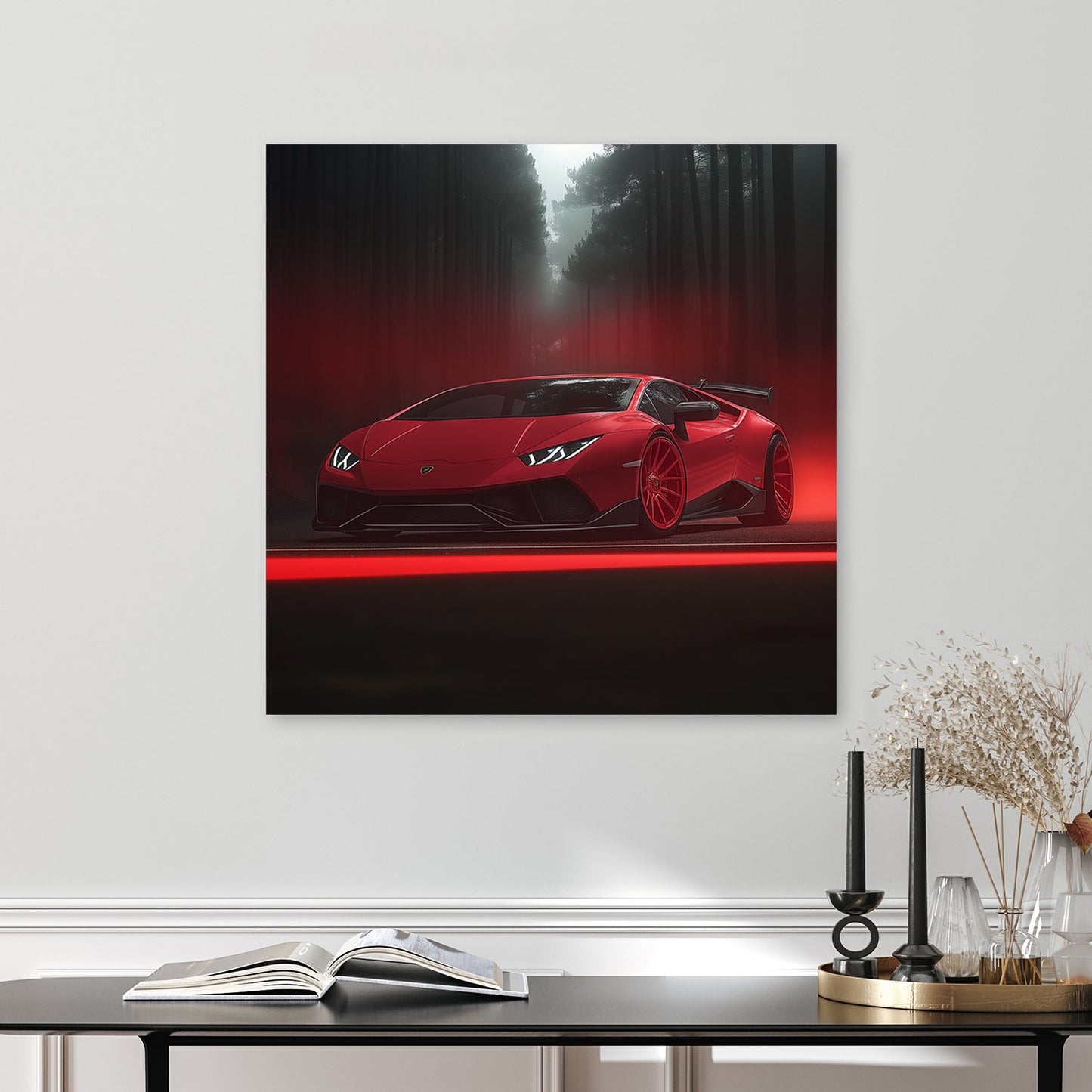 red Lamborghini Huracán in dark misty forest with glowing red light and fog