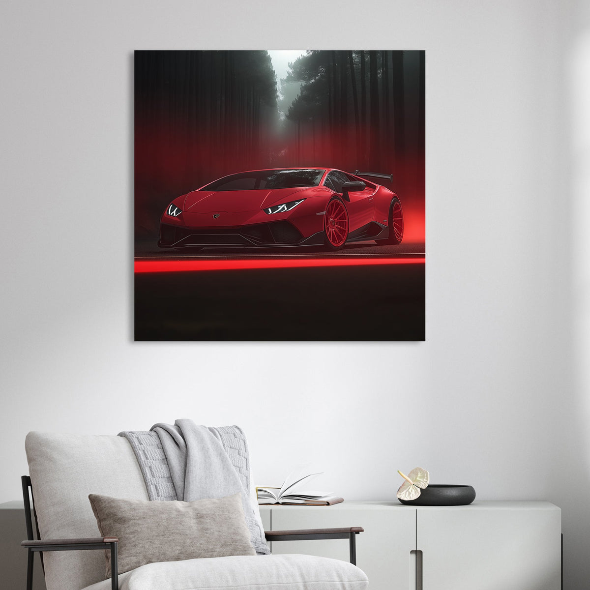 red Lamborghini Huracán in dark misty forest with glowing red light and fog