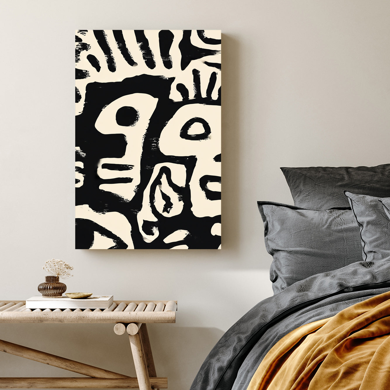 black and cream abstract tribal faces minimal brush strokes