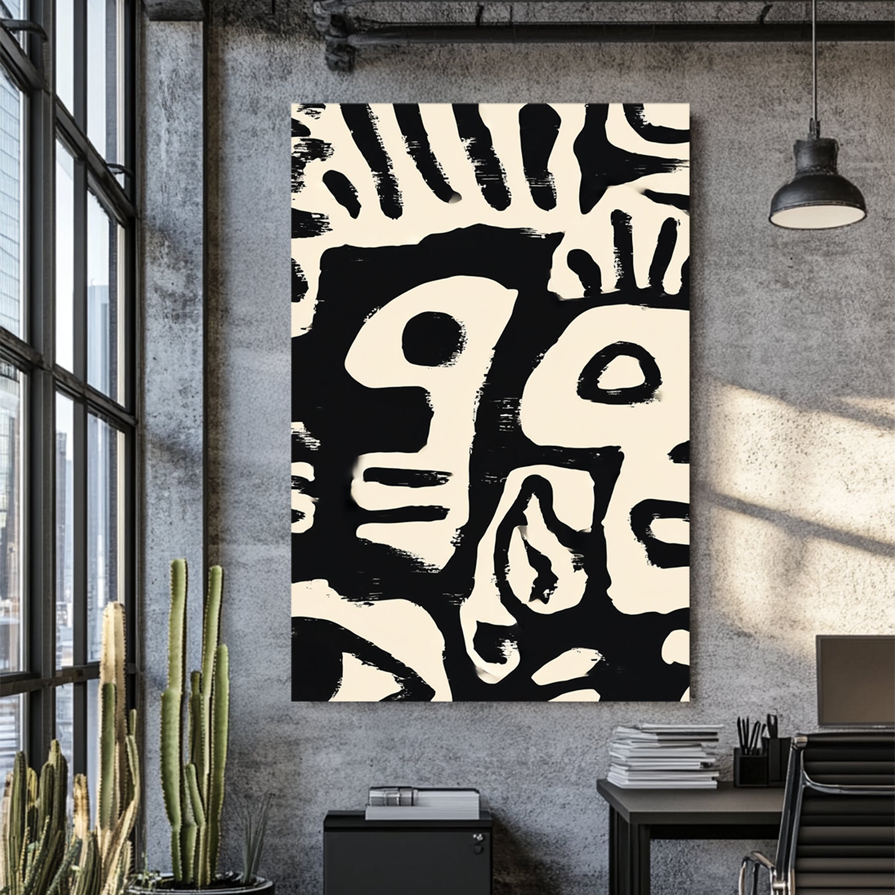 black and cream abstract tribal faces minimal brush strokes