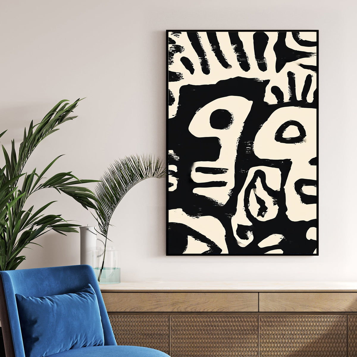 black and cream abstract tribal faces minimal brush strokes