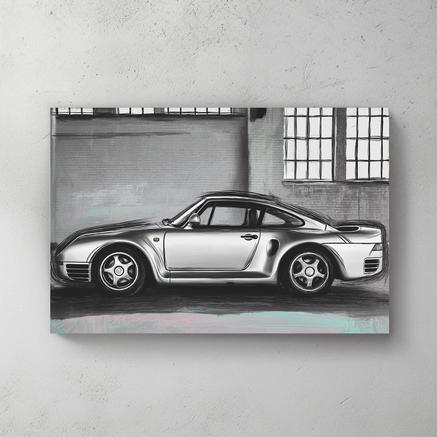 porsche 959 digital sketch side profile grey background
