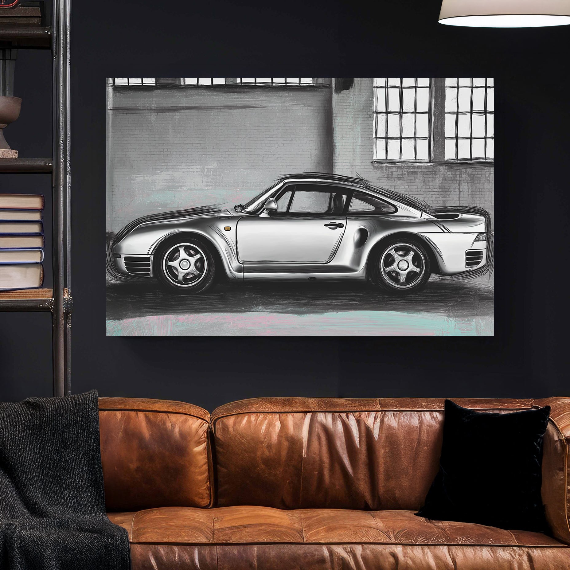 porsche 959 digital sketch side profile grey background
