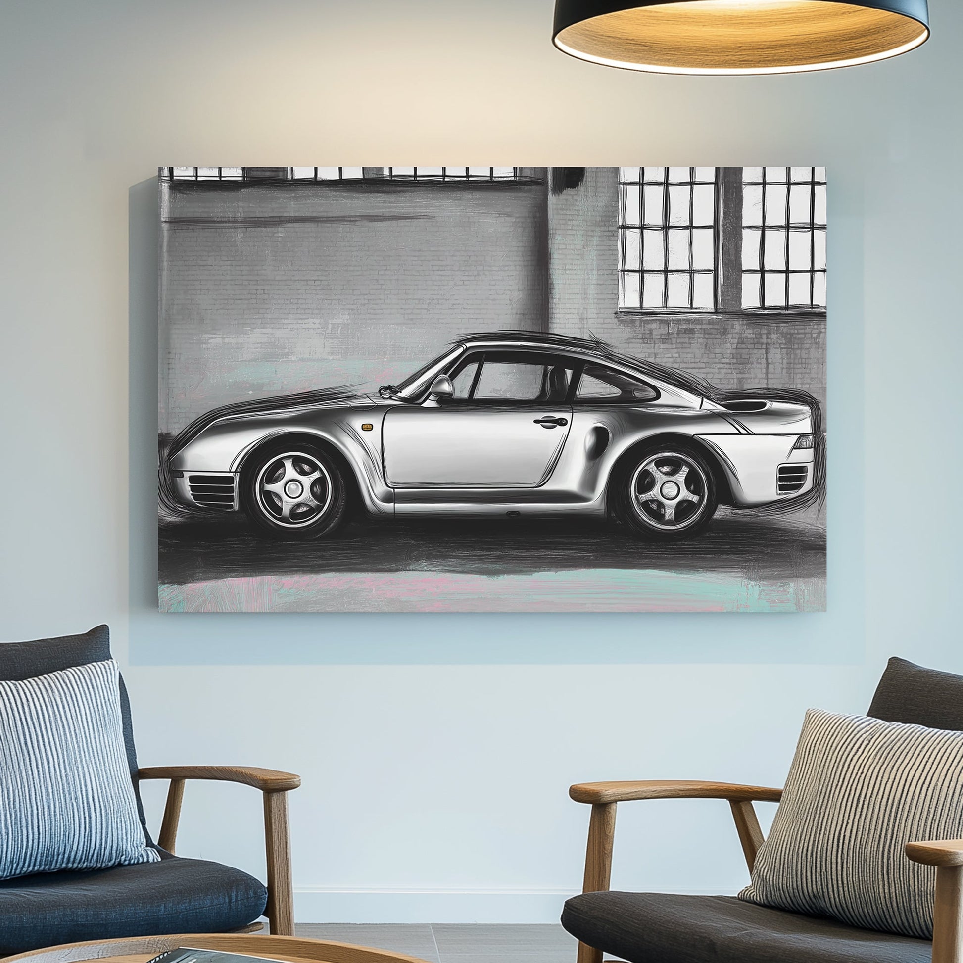 porsche 959 digital sketch side profile grey background