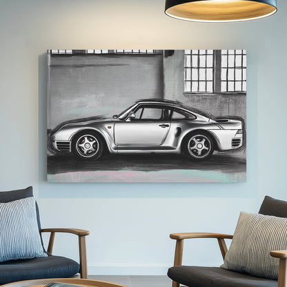 porsche 959 digital sketch side profile grey background