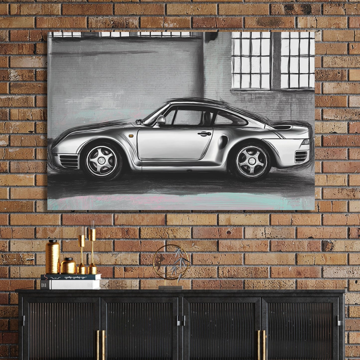 porsche 959 digital sketch side profile grey background